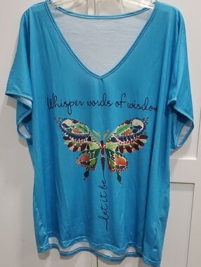 Turquoise V-Neck Tee with Colorful Butterfly Graphic